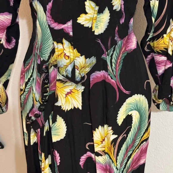 KAREN ALEXANDER Vintage 80âsâ Black Brocade Tropical Dress Size 6 Floral Party - Picture 9 of 14